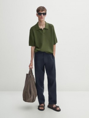 Massimo Dutti Short Sleeve Knit Men Polo Shirt Olive | US-NH1285374