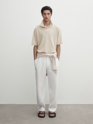 Massimo Dutti Short Sleeve Knit Men Polo Shirt Beige | US-WD7150264