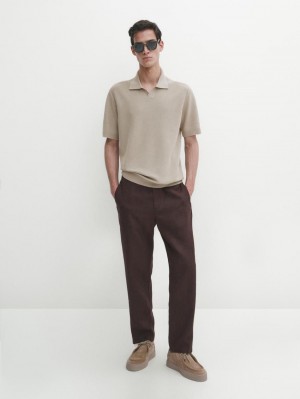 Massimo Dutti Short Sleeve Knitted Polo Men Polo Shirt Khaki | US-CA8596134