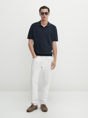 Massimo Dutti Short Sleeve Knitted Polo Men Polo Shirt Navy | US-ZI2491670