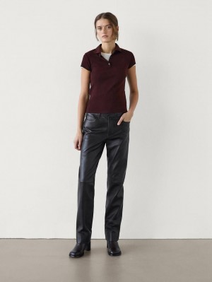 Massimo Dutti Short Sleeve Knitted Polo Shirt Women T-Shirt Burgundy | US-AF3871526