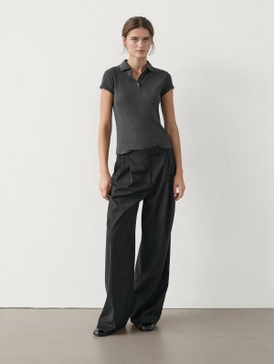 Massimo Dutti Short Sleeve Knitted Polo Shirt Women T-Shirt Dark Grey | US-DL9680732