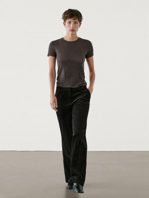 Massimo Dutti Short Sleeve Lyocell Blend Women T-Shirt Dark Brown | US-QZ0138476