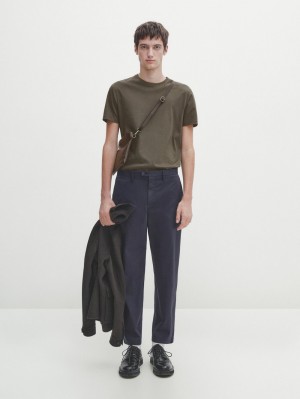 Massimo Dutti Short Sleeve Mercerised Cotton Men T-Shirt Khaki | US-GL5124368