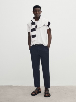 Massimo Dutti Short Sleeve Mercerised Cotton Men T-Shirt White | US-IC3784265