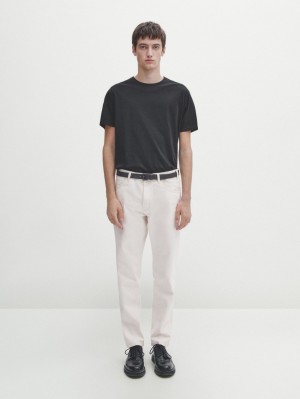 Massimo Dutti Short Sleeve Mercerised Cotton Men T-Shirt Black | US-QW5072981