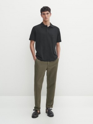 Massimo Dutti Short Sleeve Mercerised Cotton Men Polo Shirt Black | US-BJ1473928