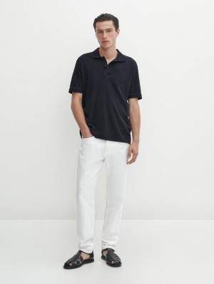 Massimo Dutti Short Sleeve Mercerised Cotton Men Polo Shirt Navy | US-BF3079154