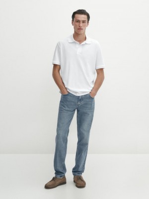 Massimo Dutti Short Sleeve Mercerised Cotton Men Polo Shirt White | US-LI7208915