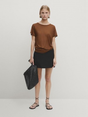 Massimo Dutti Short Sleeve Modal And Silk Women T-Shirt Brown | US-TB4589671
