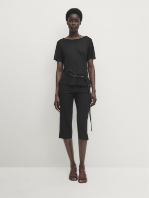 Massimo Dutti Short Sleeve Modal And Silk Women T-Shirt Black | US-YM2130459