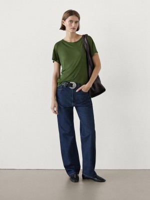 Massimo Dutti Short Sleeve Modal And Silk Women T-Shirt Dark Green | US-BI7284951