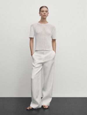 Massimo Dutti Short Sleeve Open-knit Women Sweater White | US-BW9640371