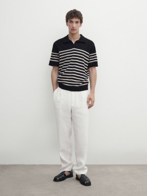 Massimo Dutti Short Sleeve Printed Sweater Men Polo Shirt Navy / White | US-BR0692875