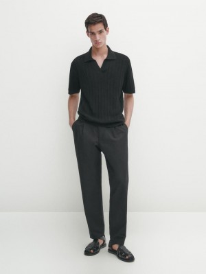 Massimo Dutti Short Sleeve Rib Sweater Men Polo Shirt Black | US-DQ3514680