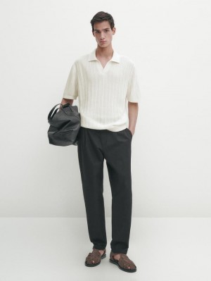 Massimo Dutti Short Sleeve Rib Sweater Men Polo Shirt Cream | US-RF7816059