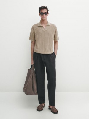 Massimo Dutti Short Sleeve Rib Sweater Men Polo Shirt Brown Beige | US-KB4902781