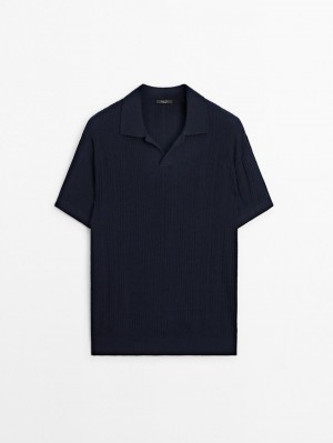 Massimo Dutti Short Sleeve Ribbed Knit Men Polo Shirt Navy | US-OX4691782