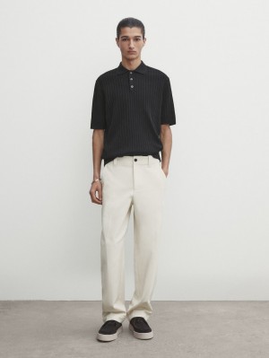 Massimo Dutti Short Sleeve Ribbed Sweater Men Polo Shirt Black | US-DP8510297
