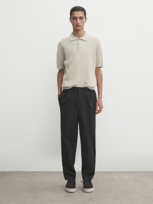 Massimo Dutti Short Sleeve Ribbed Sweater Men Polo Shirt Khaki | US-FO1293084