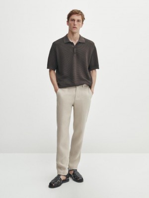 Massimo Dutti Short Sleeve Textured Knit Men Polo Shirt Dark Brown | US-VT3058246