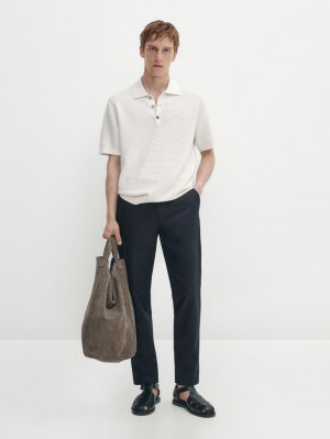 Massimo Dutti Short Sleeve Textured Knit Men Polo Shirt Beige | US-OC3564198