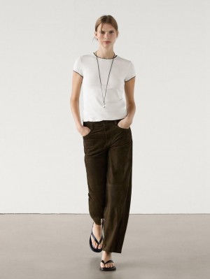 Massimo Dutti Short Sleeve With Contrast Trims Women T-Shirt Cream | US-TW1368075