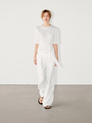 Massimo Dutti Short Sleeve With Tie Detail Women T-Shirt White | US-GX8502379