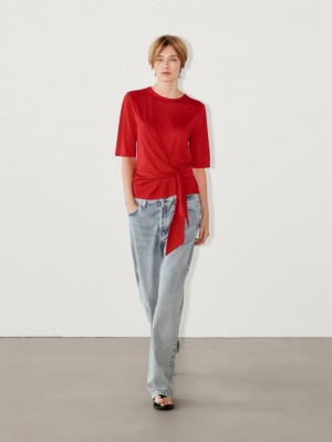 Massimo Dutti Short Sleeve With Tie Detail Women T-Shirt Red | US-OP0469318