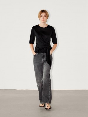 Massimo Dutti Short Sleeve With Tie Detail Women T-Shirt Black | US-YT9254861
