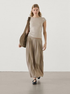 Massimo Dutti Short Sleeve Women T-Shirt Brown Beige | US-HQ8162974