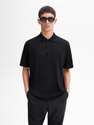 Massimo Dutti Short Sleeve Wool Blend Sweater Men Polo Shirt Black | US-UY8074236