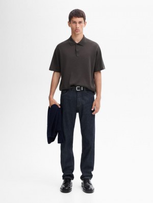 Massimo Dutti Short Sleeve Wool Blend Sweater Men Polo Shirt Dark Grey | US-PO4385769
