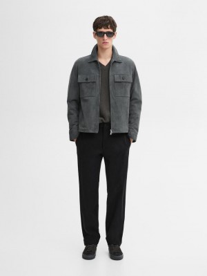 Massimo Dutti Short Suede Men Leather Jacket Blue Grey | US-SY1485637