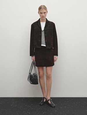 Massimo Dutti Short Suede Women Leather Jacket Dark Brown | US-QD0139586