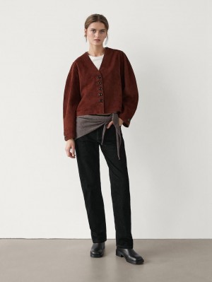 Massimo Dutti Short Suede Women Leather Jacket Brown Red | US-LA7834960