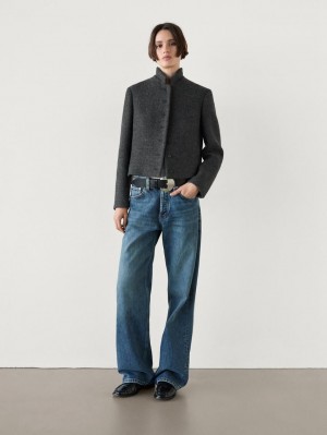 Massimo Dutti Short Textured Wool Blend Women Jacket Dark Grey | US-PZ2701643