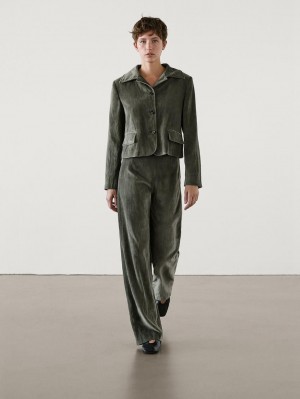 Massimo Dutti Short Velvet Co-ord Women Jacket Dark Green | US-FO6704521