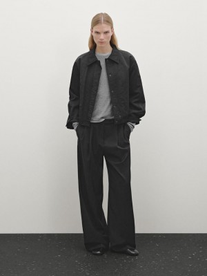 Massimo Dutti Short Women Bomber Jacket Black | US-SD4519360