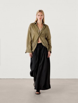 Massimo Dutti Silk Blend Oversize With Micro Stripes Women Blouse Olive | US-IX8152790