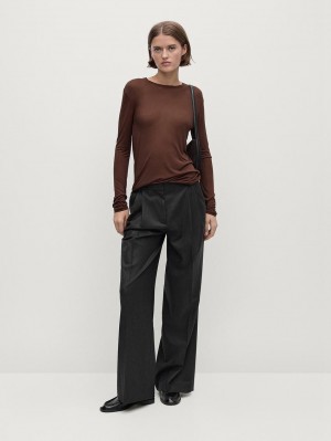 Massimo Dutti Silk Modal Lightweight With Long Sleeves Women T-Shirt Dark Brown | US-YP5740932