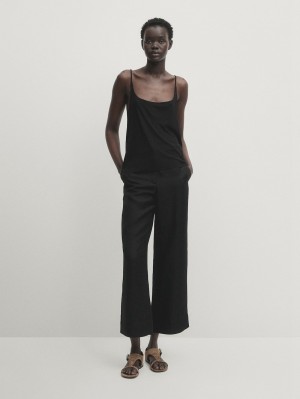 Massimo Dutti Silk Strappy Women Top Black | US-TA7140652