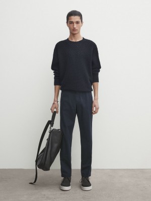 Massimo Dutti Slim-fit Tricotine Chino Men Trousers Navy | US-HF8150794