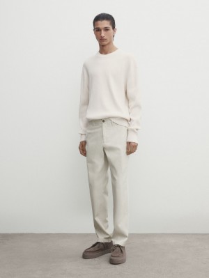 Massimo Dutti Slim-fit Tricotine Chino Men Trousers Cream | US-TB8401725