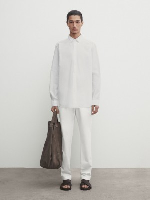 Massimo Dutti Slim-fit Tricotine Chino Men Trousers White | US-CB7234681