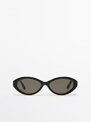 Massimo Dutti Small Oval Women Sunglasses Black | US-LW6415978
