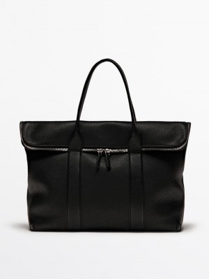 Massimo Dutti Soft Grainy Leather Men Briefcase Black | US-OM5172049