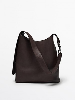 Massimo Dutti Soft Nappa Bucket Women Handbag Dark Brown | US-VN2019867