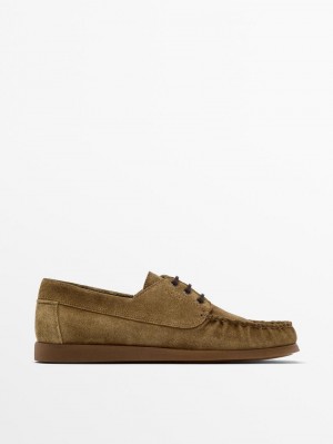 Massimo Dutti Soft Split Leather Men Boat Shoes Brown Khaki | US-PD0974268