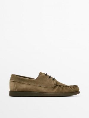 Massimo Dutti Soft Split Leather Men Boat Shoes Brown Beige | US-ZW0148723